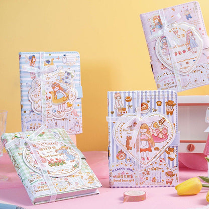 Magnetic Buckle Leather Journal - Sweet Bean Girl in assorted designs displayed on a colorful backdrop with ribbons and cute illustrations.