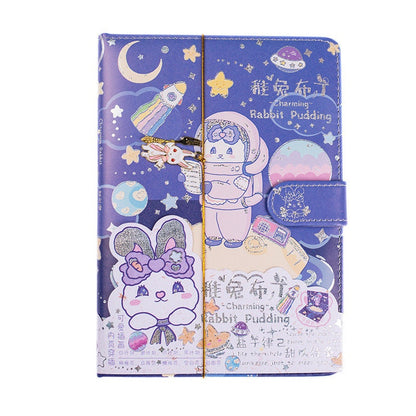 Rabbit Pudding Leather Journal with Bookmark featuring cute purple and blue kawaii design, adorable rabbit illustrations, and space-themed elements on the cover.