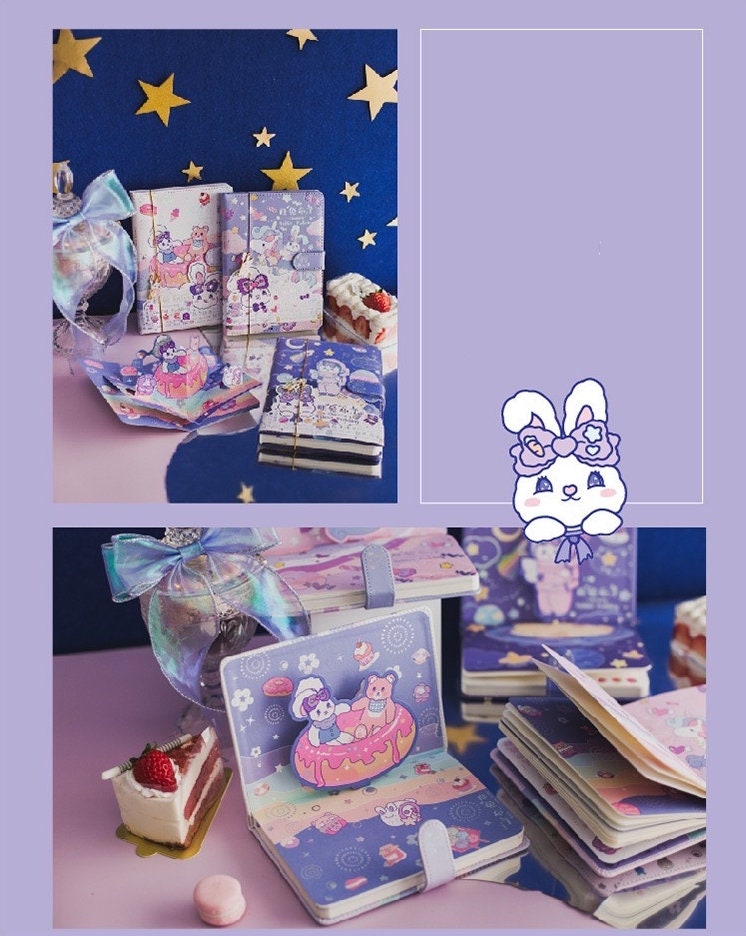 Rabbit Pudding Leather Journal with Bookmark featuring cute kawaii designs, starry backgrounds, and pastel colors.