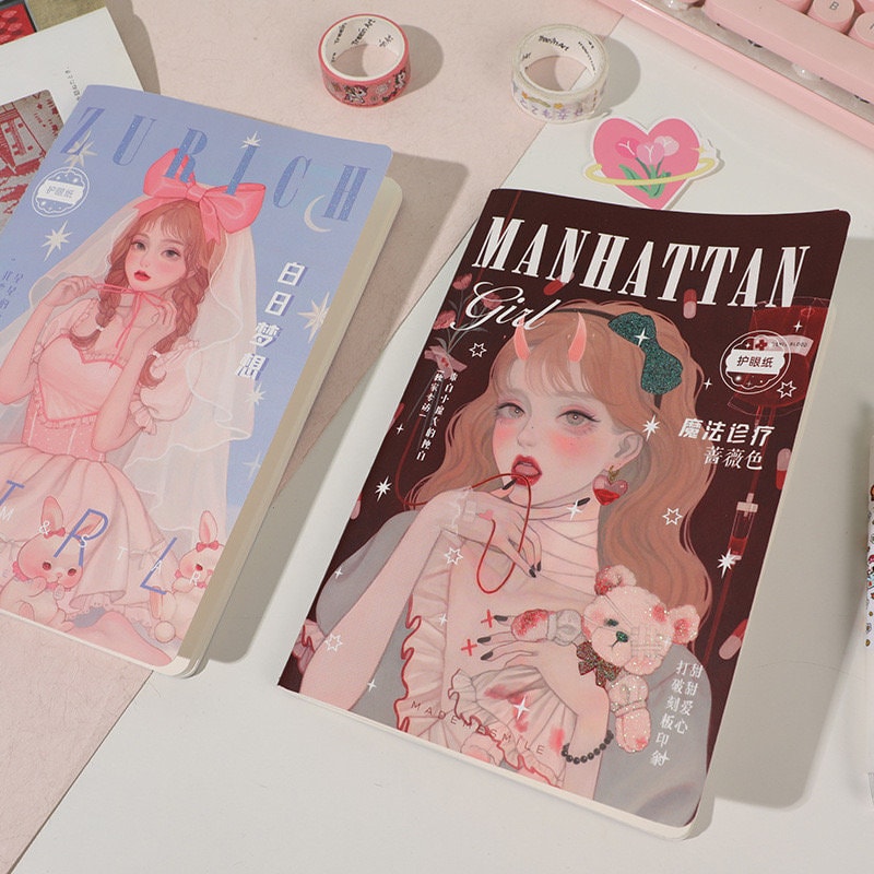 Fashion Girl Magazine-Style B5 Notebook with 80 Lined Pages in Kawaii Design featuring Illustrated Covers