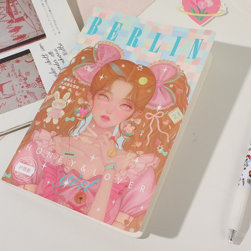 Fashion Girl Magazine-Style B5 Notebook with 80 lined pages featuring a pastel illustration of a girl in pink with cute accessories like bows and hearts, perfect for kawaii stationery enthusiasts.