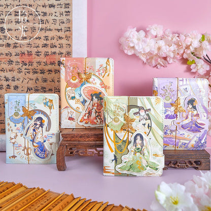 Butterfly Leather Journal with Metal Bookmark featuring kawaii style illustrations, displayed in various pastel colors.