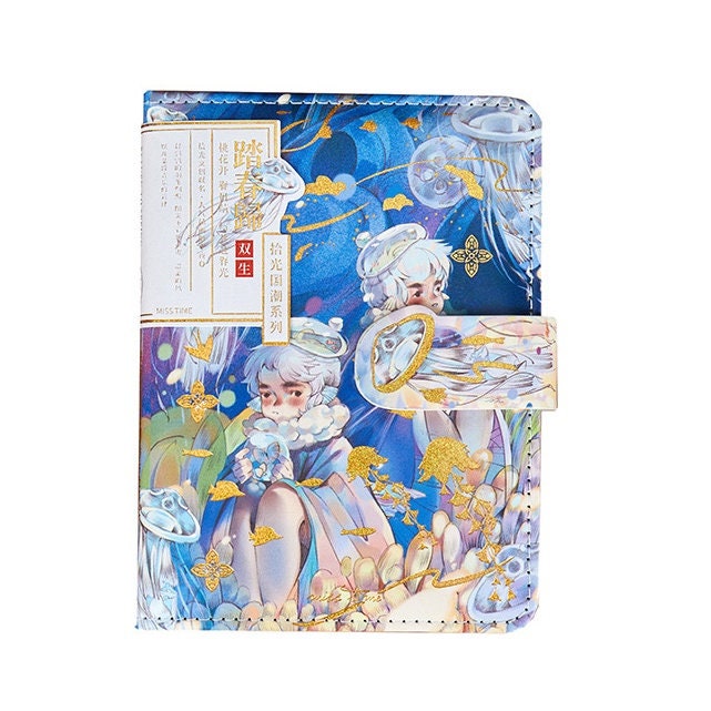 Gold Foil Anime Boy Journal with Magnetic Leather Buckle, featuring vibrant, dreamy illustrations, perfect for kawaii stationery collection.