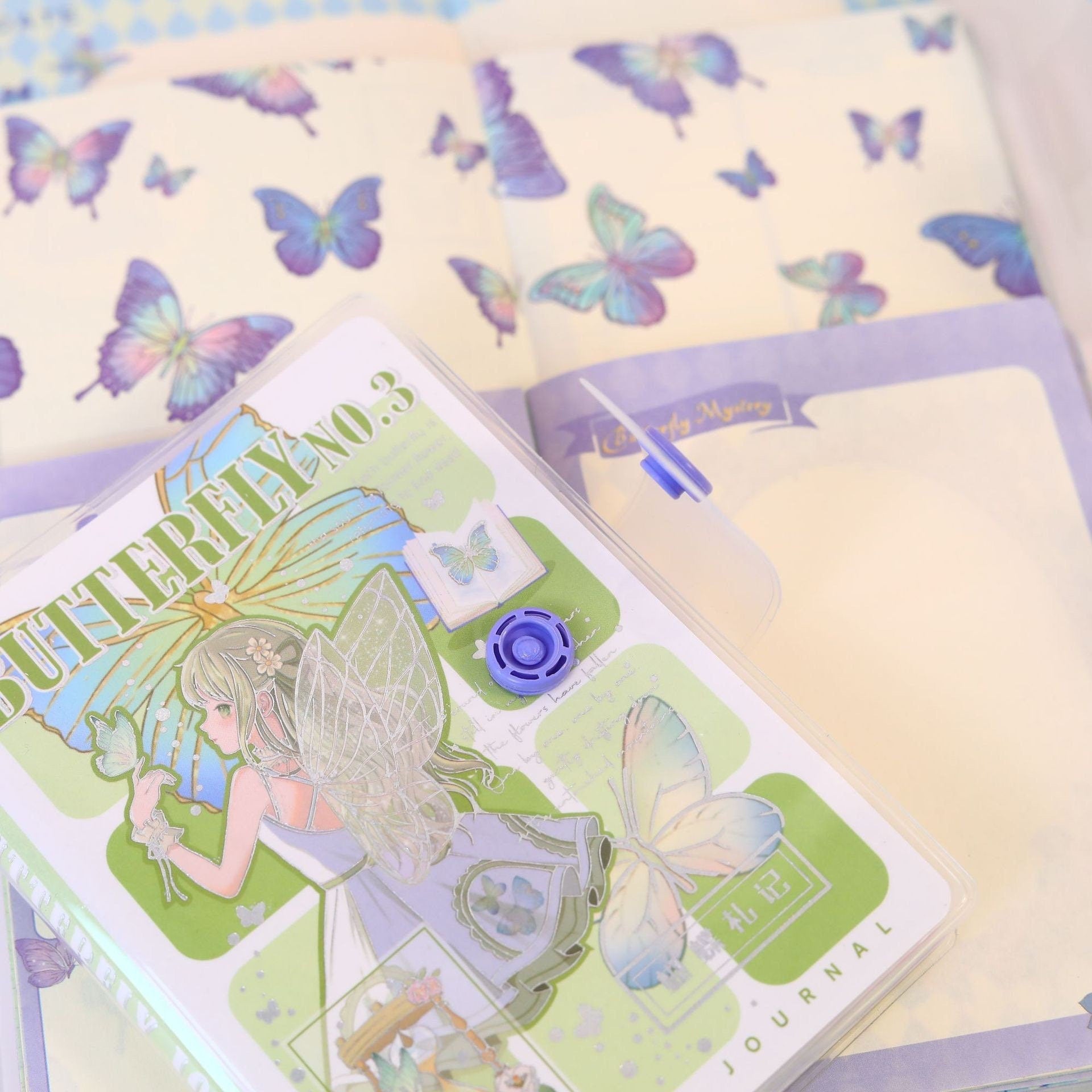 A6 Butterfly Pocket Journal with PVC Cover and 192 Pages - Kawaii stationery with butterfly illustrations and fairy design.