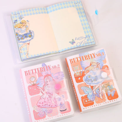 A6 Butterfly Pocket Journal - PVC Cover, 192 Pages, pastel and butterfly-themed design, kawaii stationery, available in pink and orange, open journal showing decorative pages