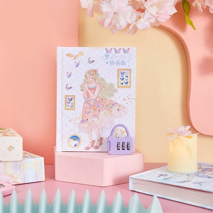 Dream Concerto Hard Cover Journal with Locker - A6 featuring pastel artwork of a girl in a pink dress surrounded by butterflies, includes a purple combination lock, ideal for kawaii-themed stationery lovers.