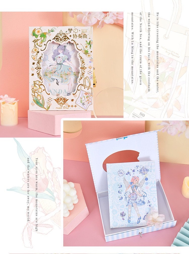 Dream Concerto Hard Cover Journal with Locker - A6, kawaii stationery in pastel colors with whimsical anime girl illustration, decorative gold accents, perfect for notes and creative writing, unique gift for journaling enthusiasts.