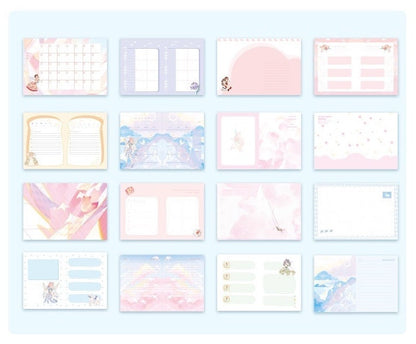 Dream Concerto Hard Cover Journal with Locker - A6, featuring pastel-colored pages with cute and whimsical designs, including monthly planners, weekly planners, lined pages, dotted pages, and illustrated sections.