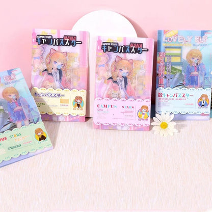 Campus Stars Fashion Girl Stickers Set for Planners in pink packaging on light wood surface with daisy flower decoration.