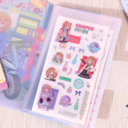 Campus Stars Fashion Girl Stickers Set for Planners featuring kawaii-style characters in various school outfits, colorful accessories, and decorative elements perfect for decorating journals, planners, and scrapbooks.