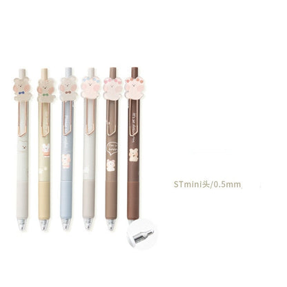 Kawaii Animal Gel Pens 0.5mm Black Ink 6 Pack featuring cute animal designs in pastel colors with bear and rabbit motifs.