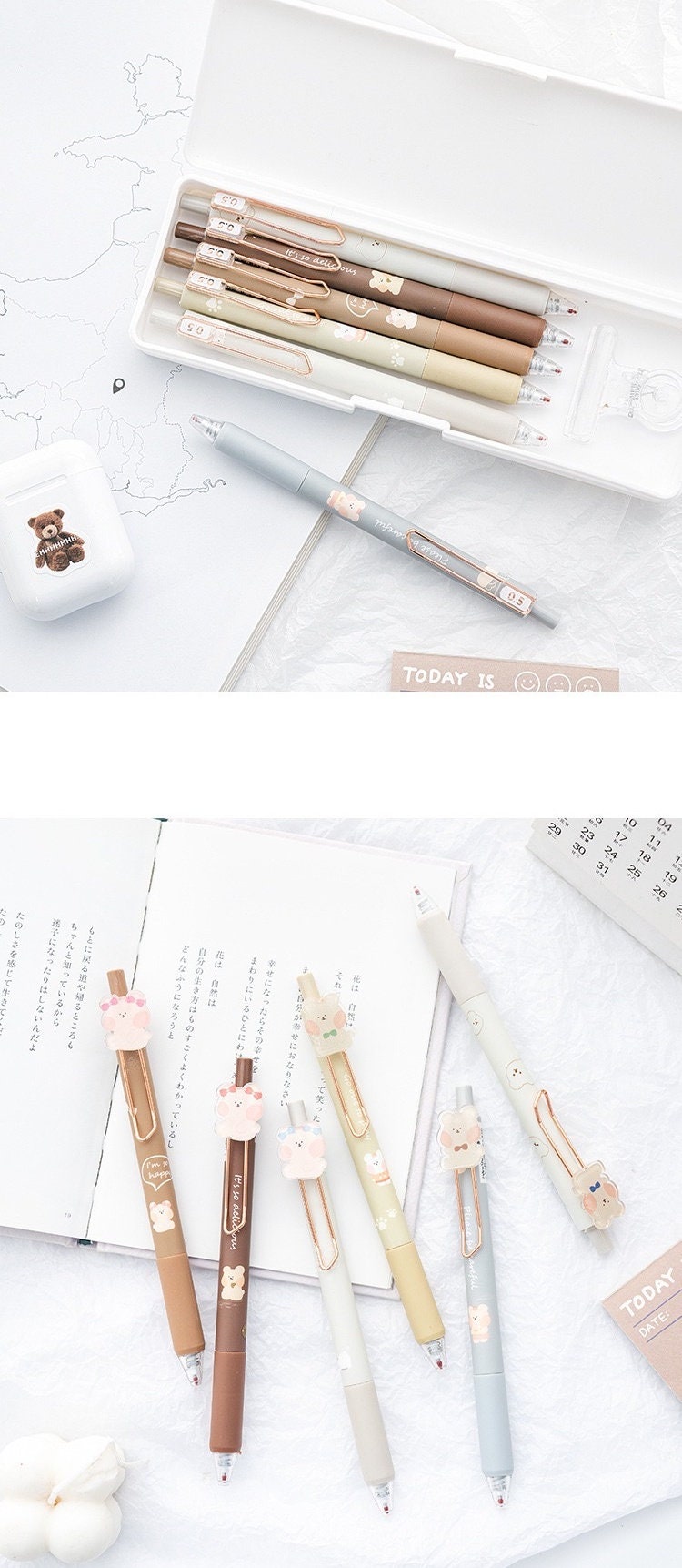 Kawaii Animal Gel Pens 0.5mm Black Ink - 6 Pack featuring adorable animal designs and pastel colors, neatly arranged in a plastic case. Perfect for writing, drawing, and adding a cute touch to your stationery collection.