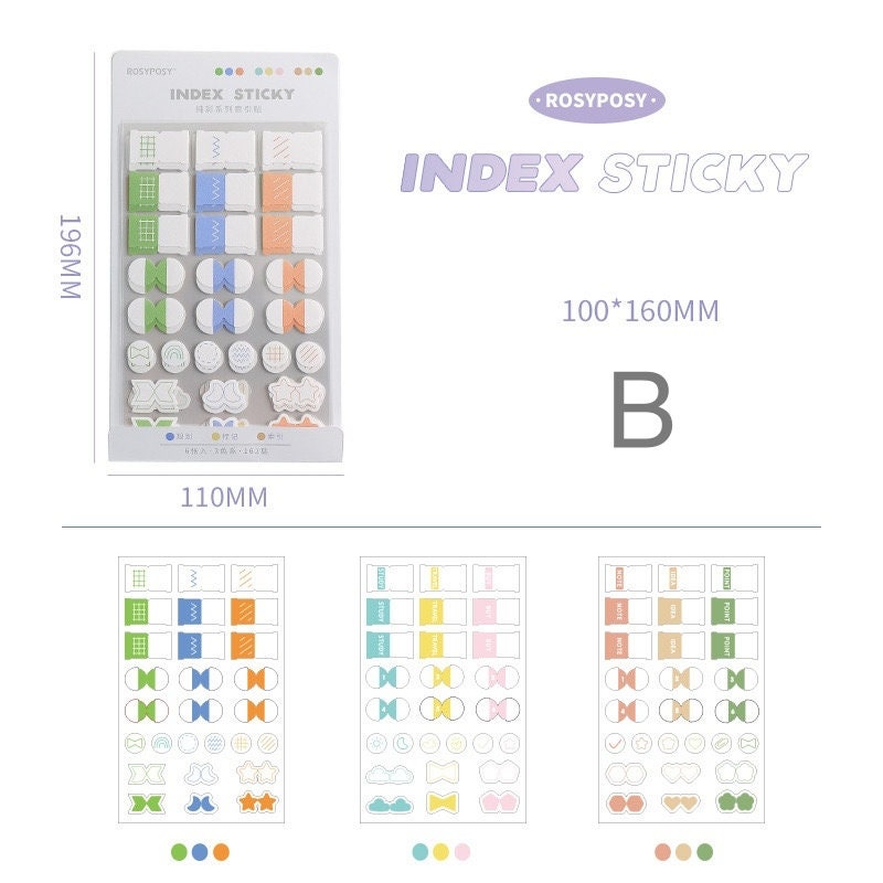 Reusable Colorful Sticky Label Set - 162 Pieces in various shapes and colors for organizing, journaling, and note-taking, dimensions 100x160mm.