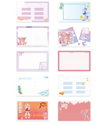 Cool Girl 3D Page Journal with Bookmark - A5 Leather, features various cute and colorful kawaii-style pages with illustrations of girls, bread, star patterns, and Shibuya text. Perfect for journaling, note-taking, and personal organization.