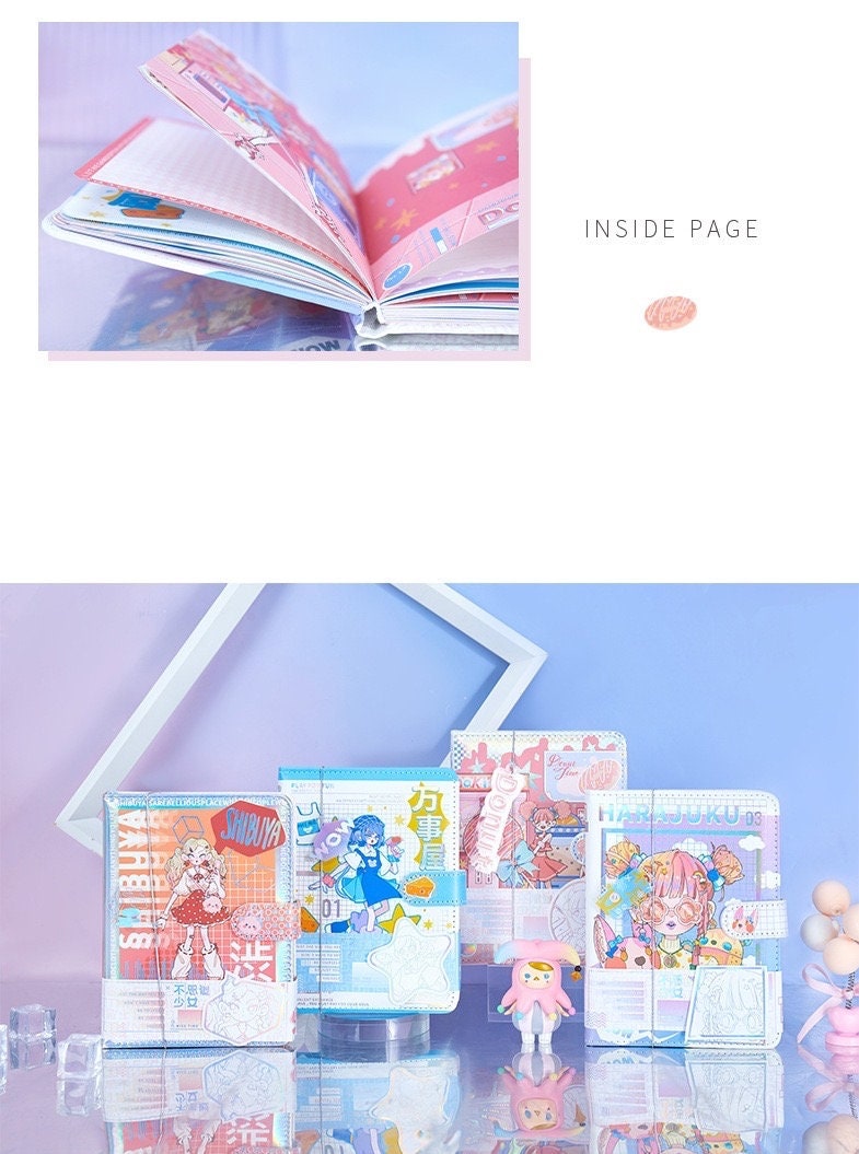 Cool Girl 3D Page Journal with Bookmark - A5 Leather featuring colorful, kawaii-style covers displayed on a reflective surface.