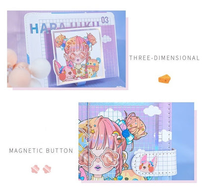 Cool Girl 3D Page Journal with Bookmark - A5 Leather, features colorful three-dimensional artwork of a girl with vibrant accessories, magnetic button closure, and kawaii style design. Perfect for cute stationery enthusiasts.