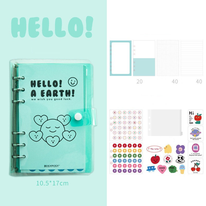 A6 Loose Leaf Planner with Stickers and Cards, featuring a cute "HELLO! A EARTH!" cover design, colorful alphabet and emoji stickers, and various kawaii-themed cards. Perfect for organizing and decorating your notes. Size: 10.5cm x 17cm.