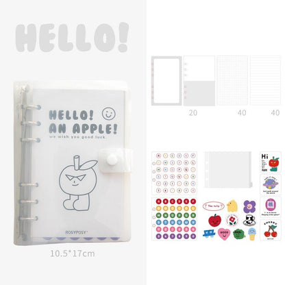 A6 Loose Leaf Planner with Stickers and Cards featuring cute apple character cover, grid and lined pages, colorful alphabet stickers, and adorable character cards.