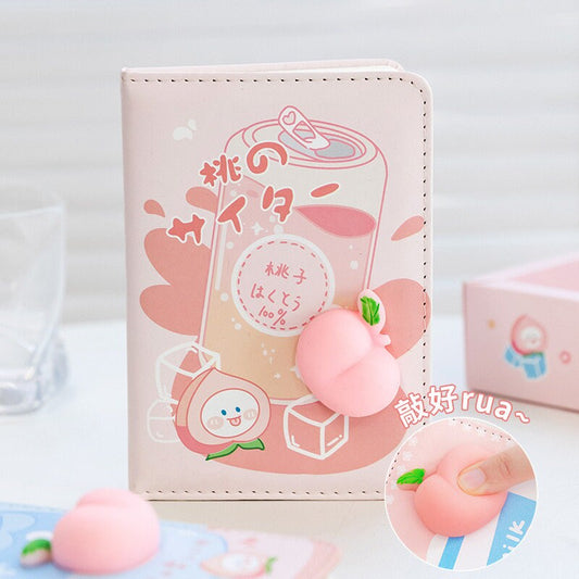 Silicone Peach Soft Leather Planner with 224 Pages, Kawaii Stationery, Pink Cartoon Design, Cute Peach Squeeze Toy on Cover, Perfect for Notes and Journaling