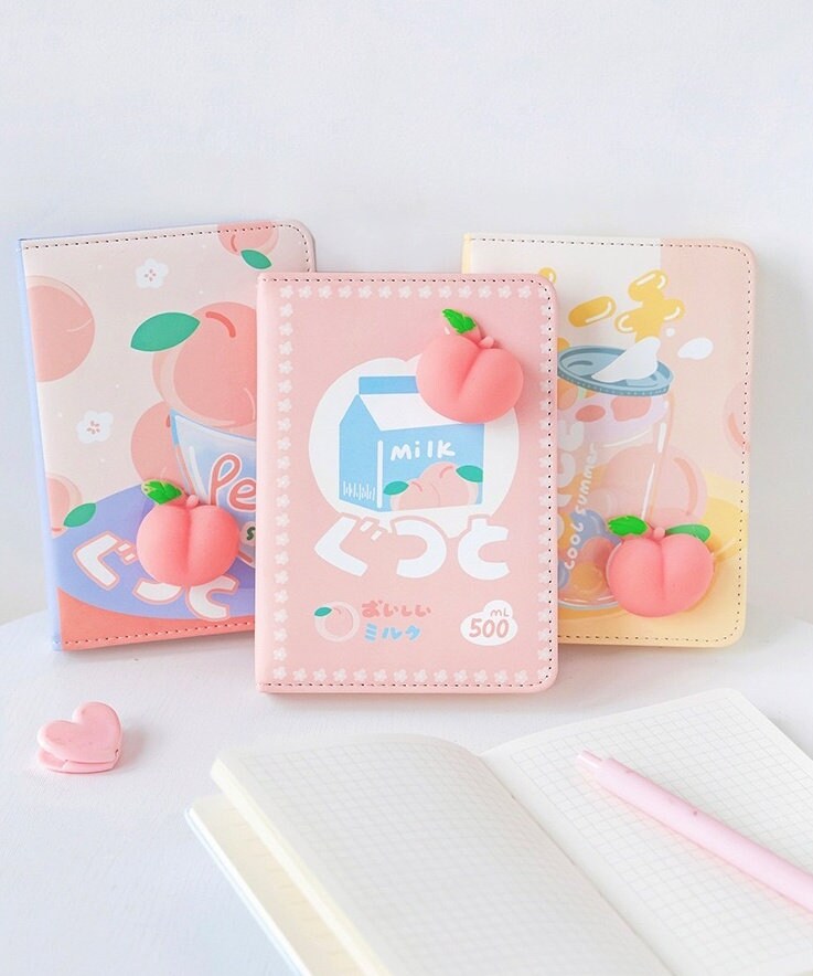 Silicone Peach Soft Leather Planner - 224 Pages in kawaii style featuring adorable peach-themed covers, milk and peach graphics, and soft pastel colors, perfect for organizing and planning.