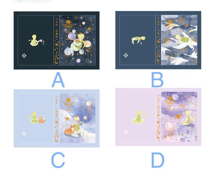 The Little Prince A5 3D Notebook with Bookmark; four cover designs labeled A, B, C, and D. Each cover features The Little Prince artwork in various color themes and space-inspired illustrations.