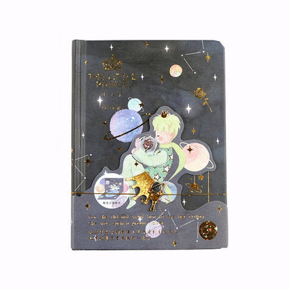 The Little Prince A5 3D Notebook with Bookmark featuring an enchanting outer space design with gold accents and an illustration of The Little Prince holding a rose.