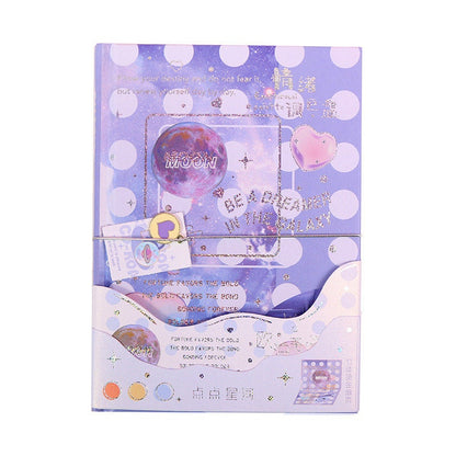 Emotional Palette A5 Notebook with Bookmark and 3D Pages in kawaii style, featuring moon and heart illustrations on a lavender polka dot cover.