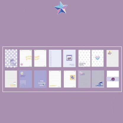 Emotional Palette A5 Notebook with Bookmark and 3D Pages featuring kawaii designs in pastel colors, including polka dots, hearts, stars, and inspirational messages, displayed on a lavender background.