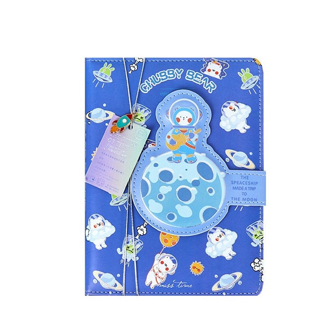 Spaceship Leather Journal with Bookmark - Magnetic Buckle featuring cute astronaut bear and planets on blue cover