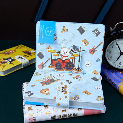 Rock Music Leather Journal with Magnetic Buckle, 224 Pages – Kawaii design featuring cute animals playing musical instruments, perfect for rock music lovers and stationery enthusiasts.