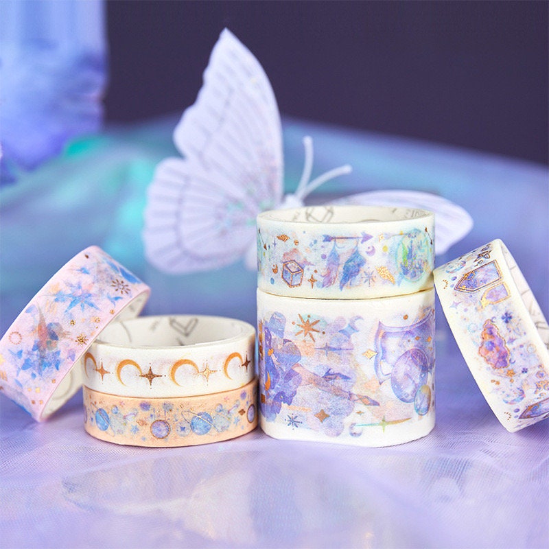 Fairy Tale Washi Tape & Stickers Set with whimsical designs, featuring butterflies, stars, and celestial elements. Ideal gift for stationery enthusiasts.