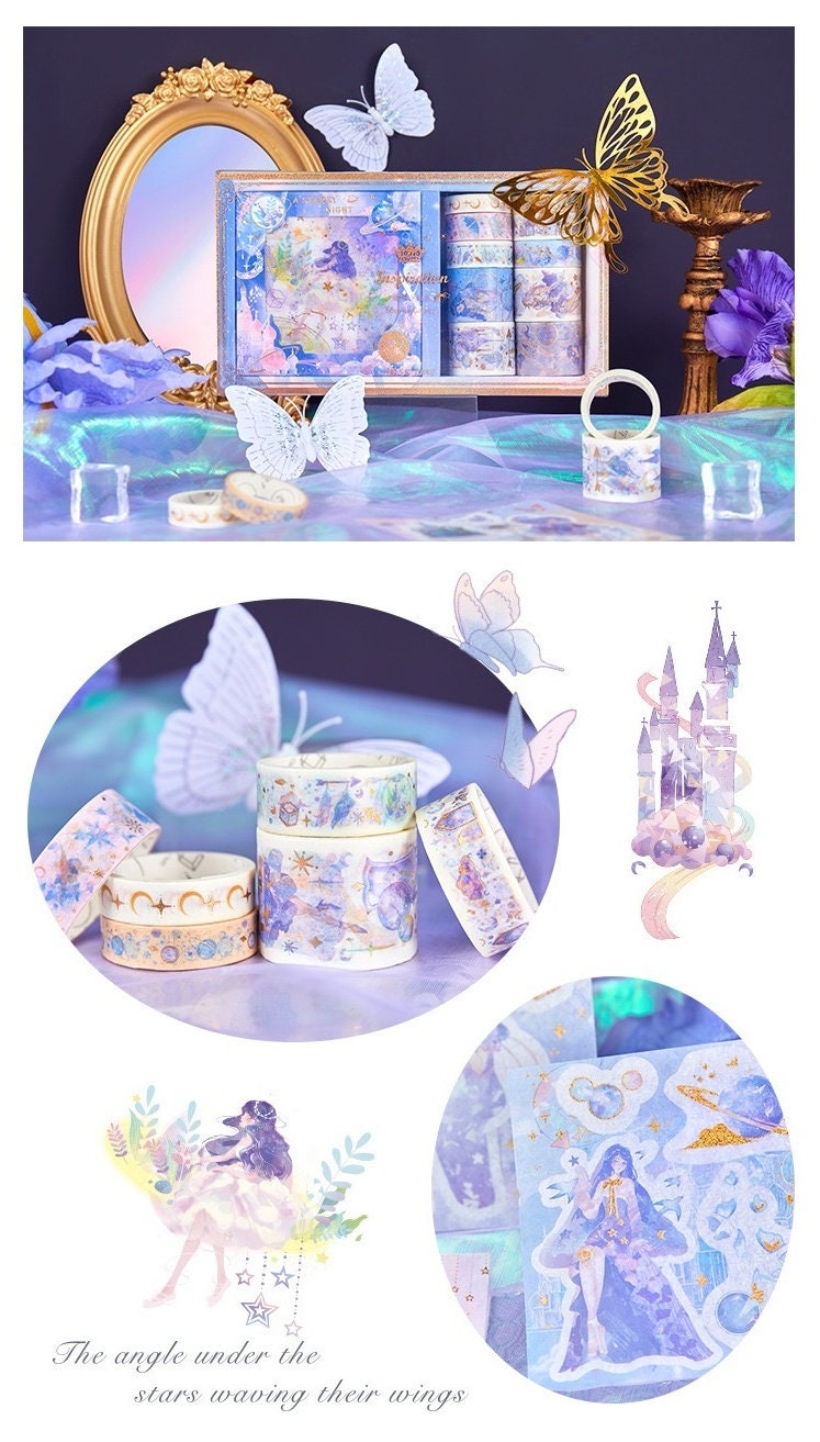 Fairy Tale Washi Tape & Stickers Set - Ideal Gift: Kawaii-style set featuring pastel-colored washi tapes and stickers with whimsical fairy tale designs, including butterflies, castles, and stars, perfect for embellishing journals, planners, and scrapbooks.