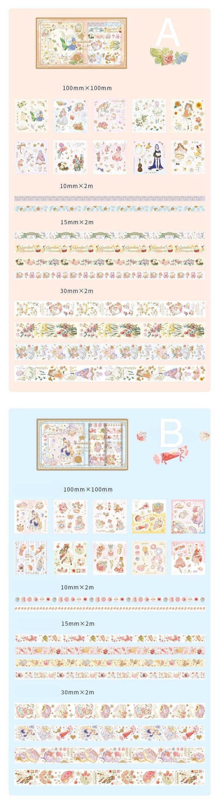 Fairy Tale Washi Tape & Stickers Set - Ideal Gift, featuring two sets with charming designs of fairies, flowers, magical creatures, and whimsical elements in various sizes of decorative tapes and stickers for scrapbooking, journaling, and crafts.