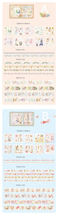 Fairy Tale Washi Tape & Stickers Set - Ideal Gift, featuring various whimsical designs with floral patterns, cute characters, and fairy tale scenes. Includes two options: Set A with garden and flower themes, and Set B with sweet treats and fantasy illustrations. Perfect for decorating planners, scrapbooks, and crafting projects.