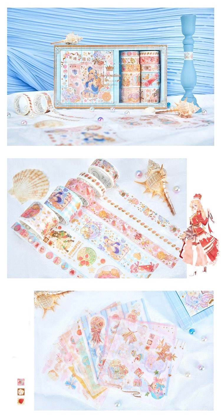 Fairy Tale Washi Tape & Stickers Set, colorful kawaii stationery with magical designs, perfect for journaling, scrapbooking, and as a gift.