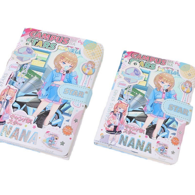 NANA Campus Stars A6 Leather Notebook with Bookmark, featuring kawaii anime character on cover, blue strap with "STAR" text, colorful illustrations, and playful design for school and office use.