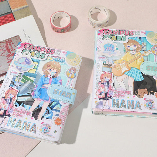 NANA Campus Stars A6 leather notebook with bookmark featuring colorful kawaii anime designs, cute characters, and pastel colors.