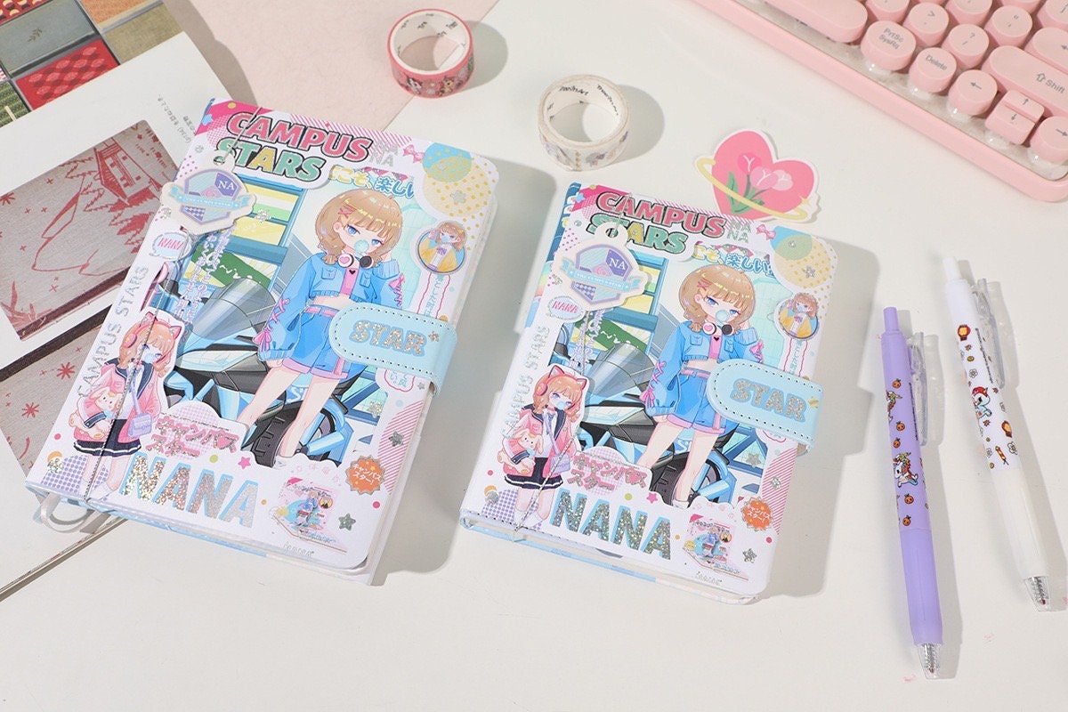 NANA Campus Stars A6 Leather Notebook with Bookmark featuring cute anime girl cover design, kawaii stationery with pastel-colored pens and decorative tapes, perfect for school and office use.