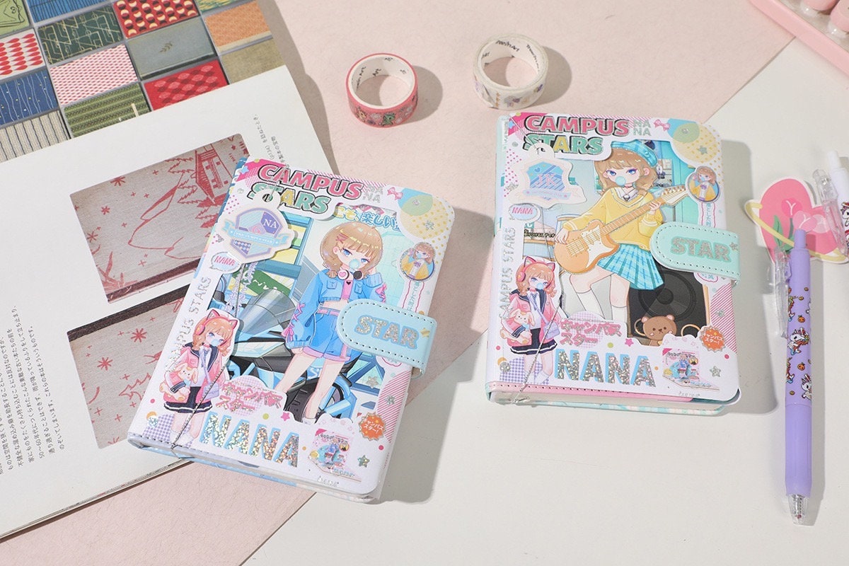 NANA Campus Stars A6 Leather Notebook with Bookmark featuring kawaii anime characters, pastel colors, and decorative elements.  