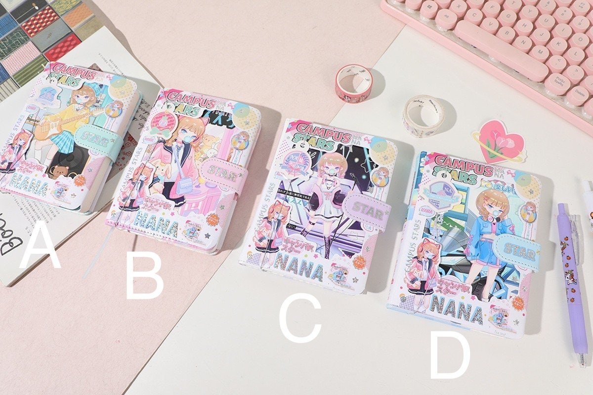 NANA Campus Stars A6 Leather Notebook with Bookmark in four different designs labeled A, B, C, and D, featuring kawaii anime characters, a pastel color palette, and decorative elements like stars, hearts, and cute animals.