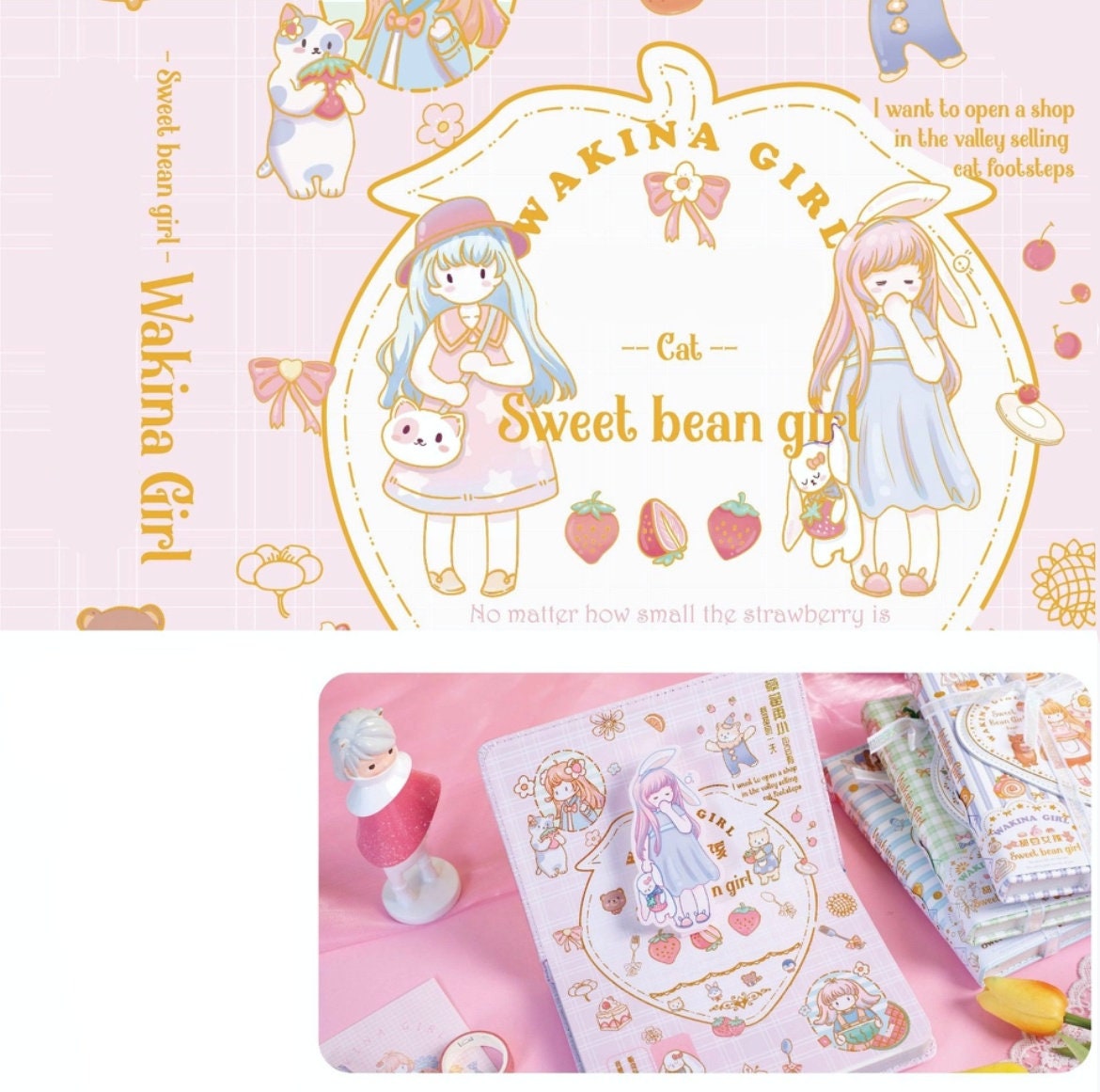 Magnetic Buckle Leather Journal - Sweet Bean Girl with kawaii illustrations of cute girl characters, strawberries, and cats. Perfect for diary, notes, or sketches. Ideal for fans of adorable stationery goods.