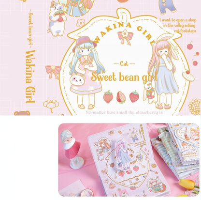 Magnetic Buckle Leather Journal - Sweet Bean Girl with kawaii illustrations of cute girl characters, strawberries, and cats. Perfect for diary, notes, or sketches. Ideal for fans of adorable stationery goods.