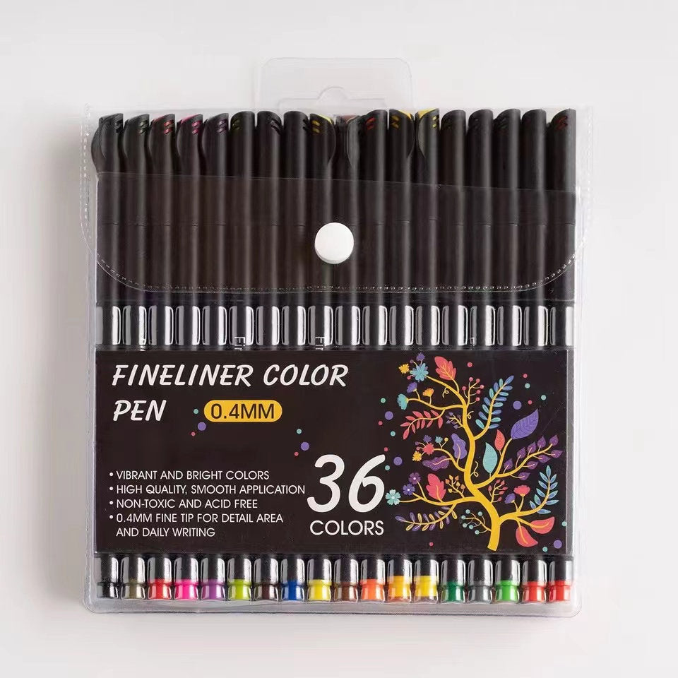 36-color fineliner pens set for journaling and drawing, 0.4mm tips, vibrant colors, non-toxic, smooth application, packaged in a clear plastic case.