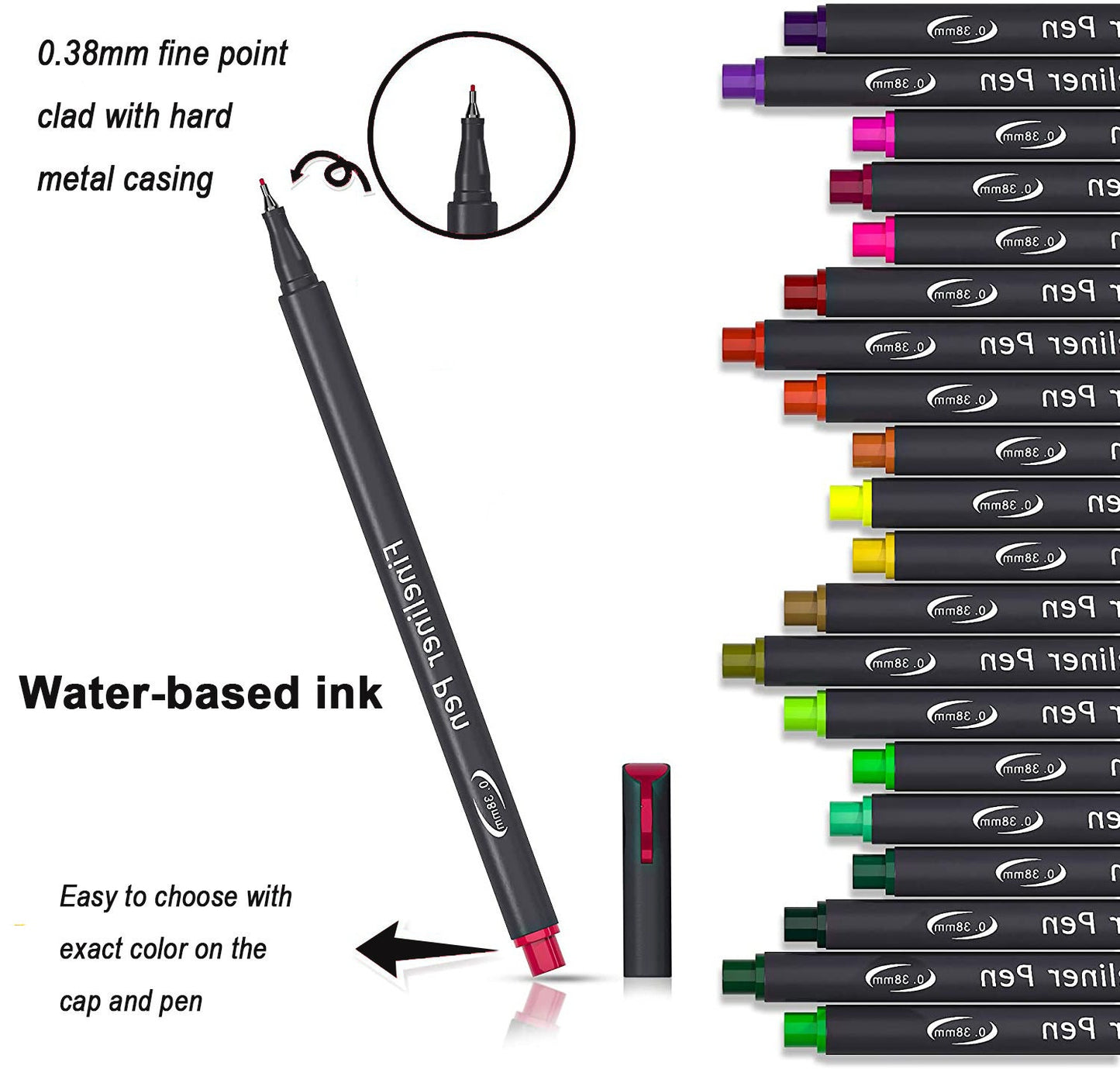 48 Color Fineliner Pens Set with 0.38mm Fine Point for Journals and Art, Hard Metal Casing, Water-Based Ink, Easy Color Selection with Matching Caps