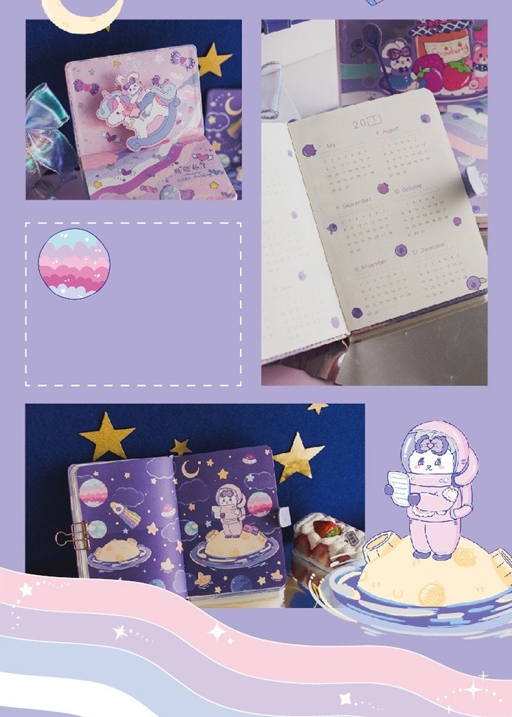 Rabbit Pudding Leather Journal with Bookmark featuring cute space-themed illustrations, kawaii design, and pastel colors.