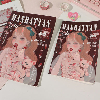 Fashion Girl Magazine-Style B5 Notebook with 80 lined pages featuring stylish illustration of a girl with long hair, bow, and teddy bear, with the title "Manhattan Girl" on the cover.