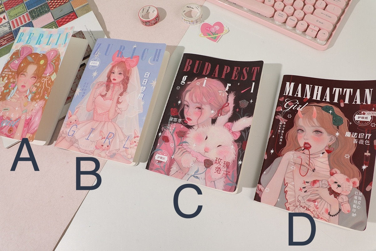 Fashion Girl Magazine-Style B5 Notebook with 80 Lined Pages featuring four designs: Berlin girl with hearts and ribbons (A), Zurich girl in a pink dress (B), Budapest girl with a white rabbit (C), and Manhattan girl with a teddy bear (D) in kawaii style.