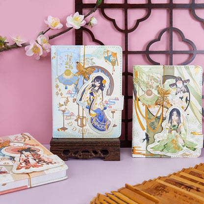 Butterfly Leather Journal with Metal Bookmark featuring kawaii illustrations of girls in traditional attire, delicate butterfly metal bookmarks, and vibrant floral designs displayed on tabletop with pink background.