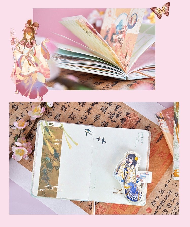 Butterfly Leather Journal with Metal Bookmark featuring Japanese-style illustrations and a decorative interior design.