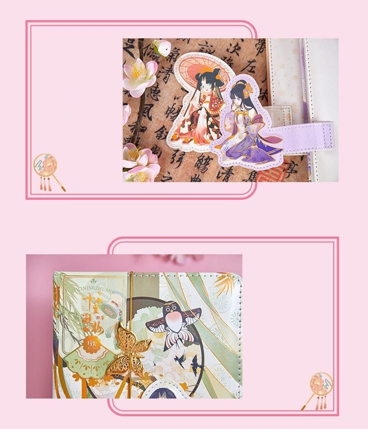 Butterfly leather journal with metal bookmark featuring colorful anime sticker, intricate floral designs, and delicate butterfly charm.